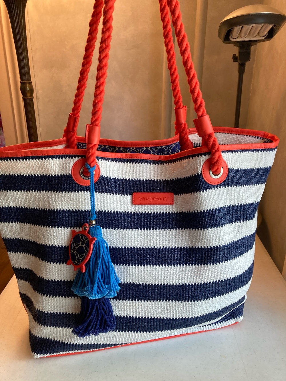 Vera Bradley Navy and White Striped Tote with Orange Trim and Tassel - Picture 1 of 11